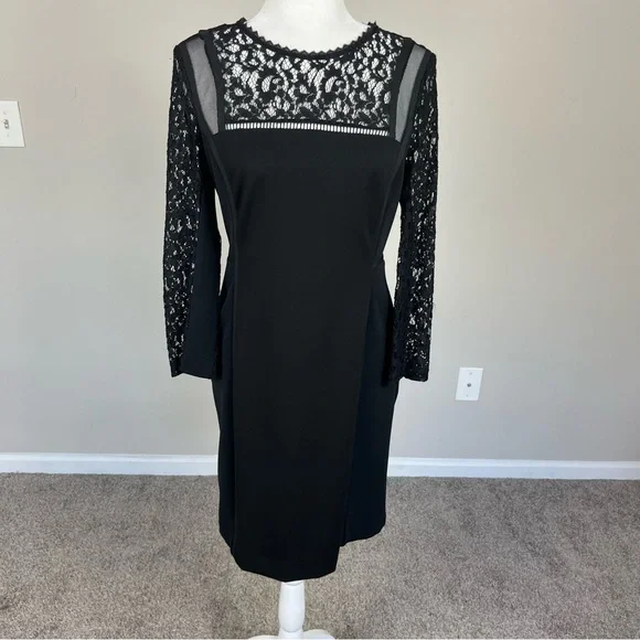 REBECCA TAYLOR BLACK DRESS WITH LACE SLEEVES SIZE 8 - Picture 4 of 12